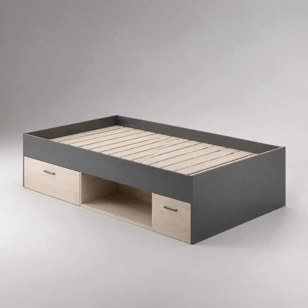 Einzelbett mit Stauraum und Lattenrost, 90 × 200 cm, Anthrazit/Eiche hell