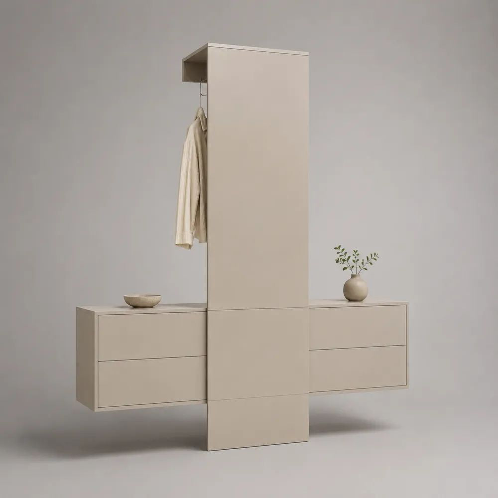 Flurschrank aus MDF mit Kleiderstange und 4 Schubladen, Beige, 180 x 35 x 200 cm