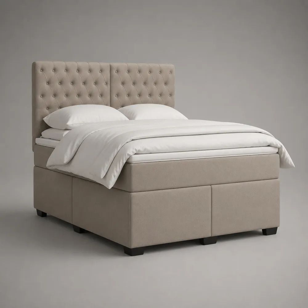 Boxspringbett 180 × 200 cm mit Bonellfederkernmatratze, Polyurethanschaum-Topper und gepolstertem Kopfteil, Beige/Schwarz