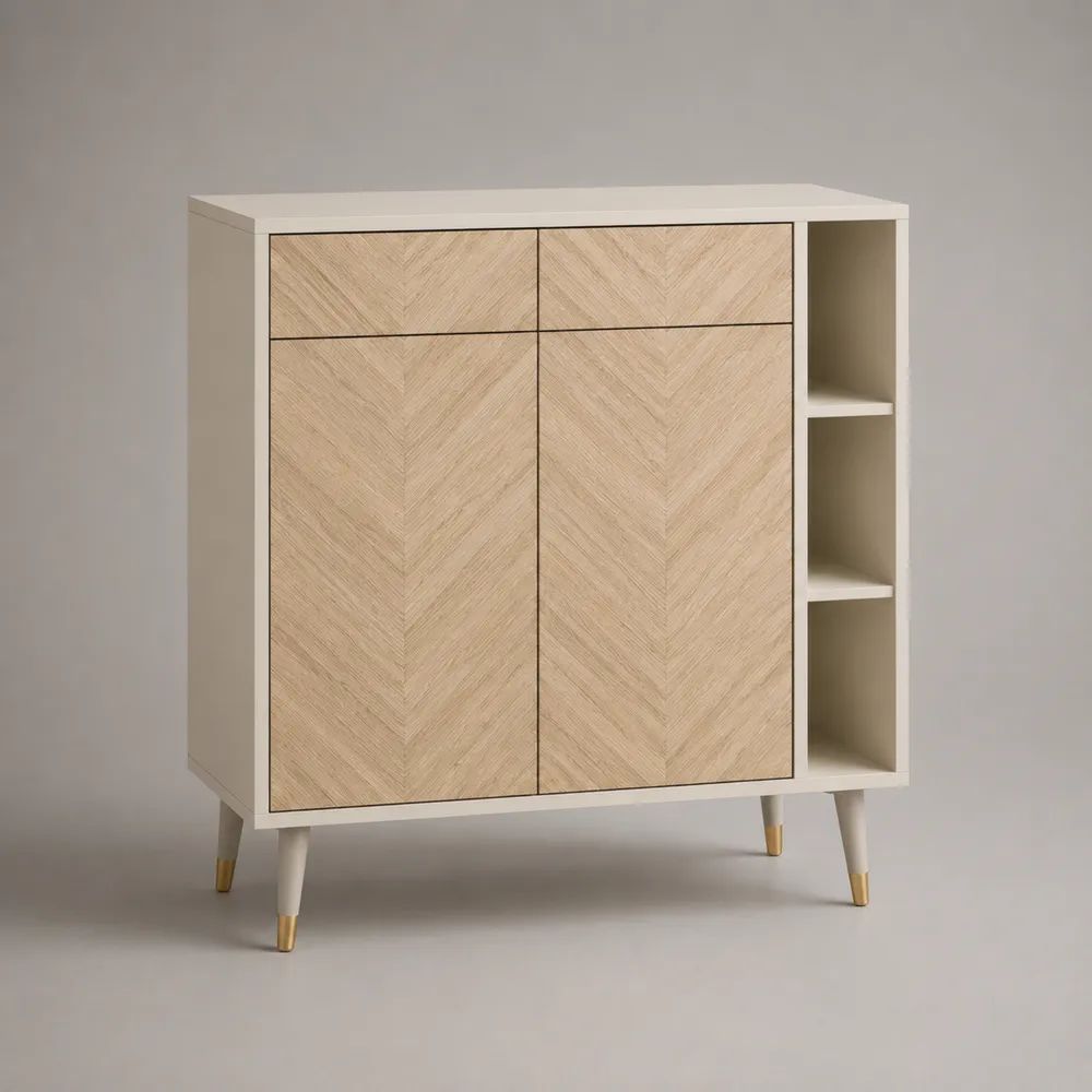 Sideboard aus MDF und Holz mit 2 Schubladen, 2 Türen und 3 offenen Fächern, Weiß/Natur, 100 × 40 × 110 cm