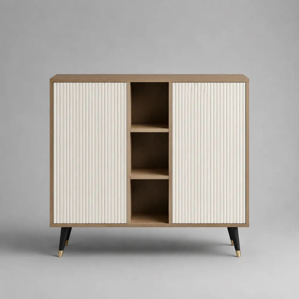 Sideboard aus MDF und Spanplatte mit 2 Türen und 3 offenen Fächern, Eichefarben/Weiß/Schwarz/Goldfarben, 140 × 40 × 120 cm