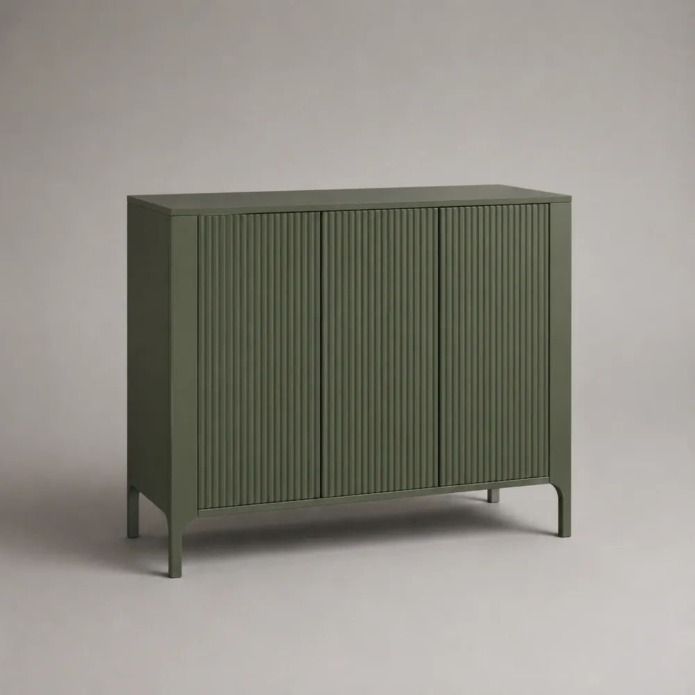 Rechteckiges Sideboard aus Stahl mit 3 gerillten Türen, Olivgrün, 110 × 40 × 85 cm