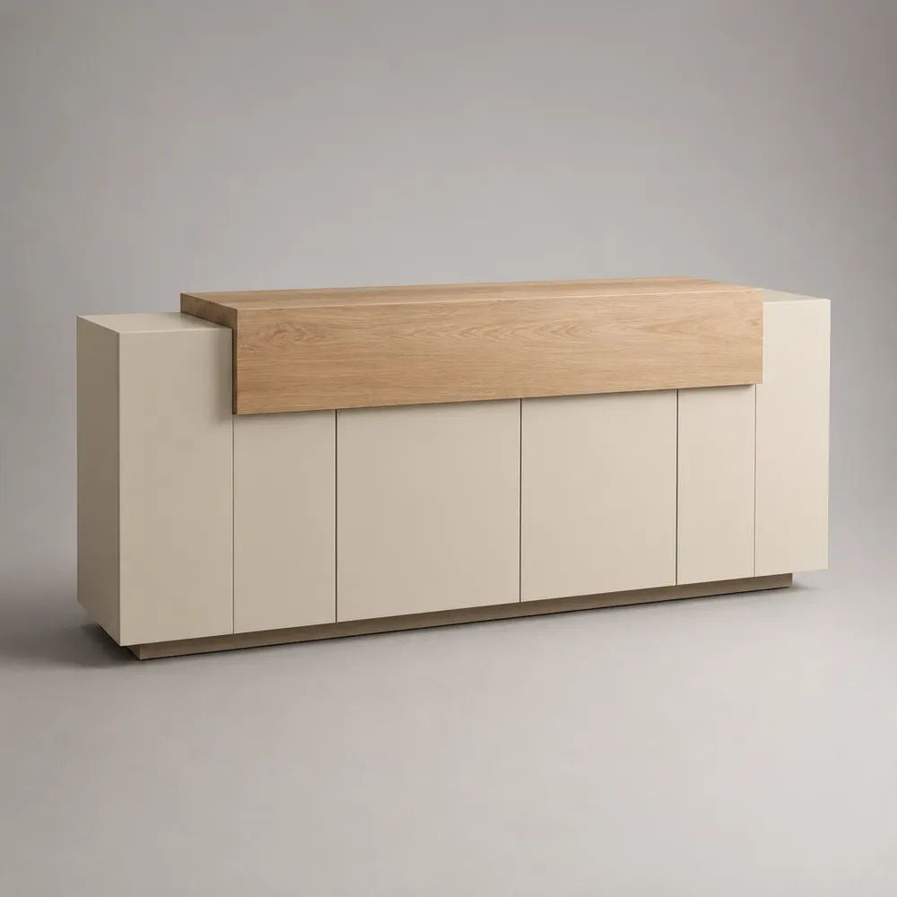 Rechteckiges Sideboard mit 4 Türen aus MDF und Eichenfurnier, Beige/Natur, 180 × 42 × 85 cm