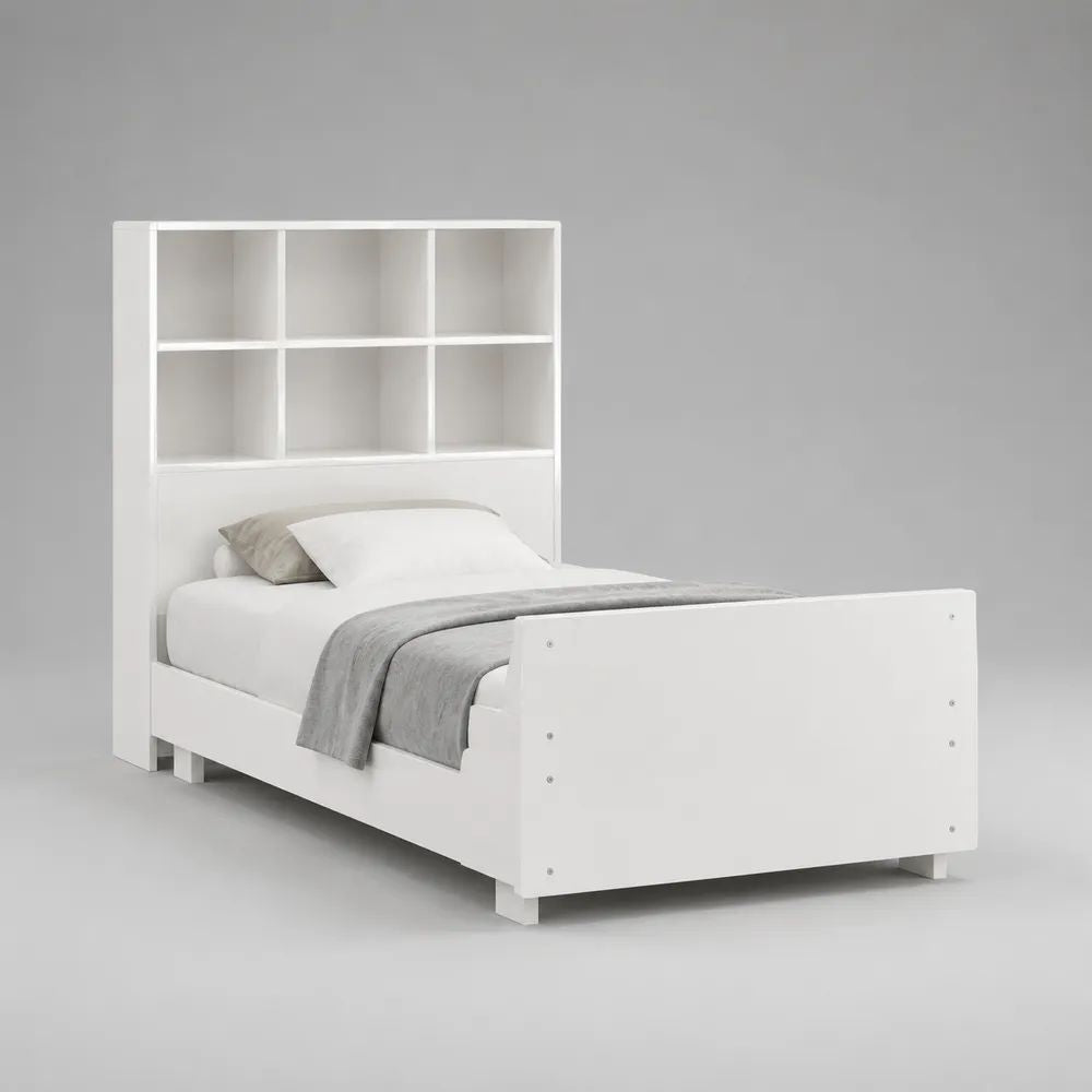 Einzelbett mit Regal-Kopfteil aus melaminharzbeschichteter Spanplatte, Weiß, Liegefläche 90 × 200 cm, Gesamtmaß 218 × 98 × 180 cm