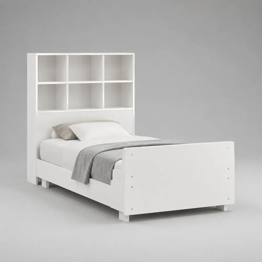 Einzelbett mit Regal-Kopfteil aus melaminharzbeschichteter Spanplatte, Weiß, Liegefläche 90 × 200 cm, Gesamtmaß 218 × 98 × 180 cm