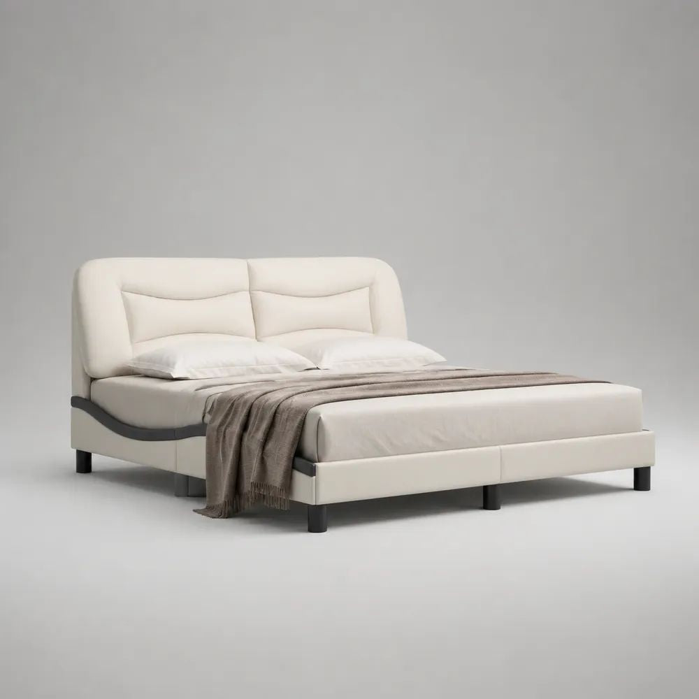 Polsterbett Doppelbett mit gepolstertem Kopfteil aus PU-Leder, Weiß/Schwarz, Liegefläche 160 × 200 cm, Gesamtmaß 176 × 218 × 105 cm