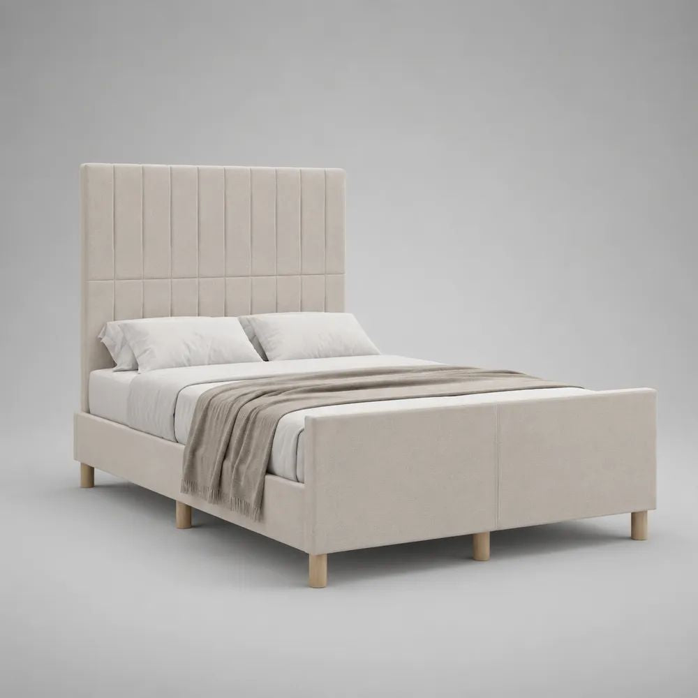 Polsterbett 160 x 200 cm mit hohem Kopfteil und Polyesterbezug, Beige/Natur