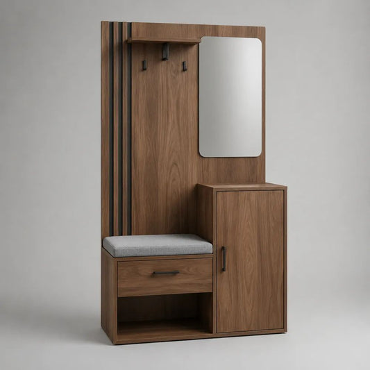 Flurschrank mit Spiegel, Sitzbank, Schuhfach und Garderobenhaken aus MDF, Walnussbraun/Grau/Schwarz, 100 x 38 x 190 cm