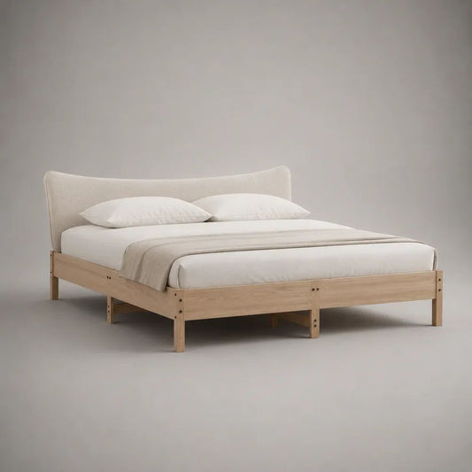 Bettgestell Doppelbett 180 × 200 cm aus massiver Kiefer mit gepolstertem Kopfteil, Natur/Cremeweiß