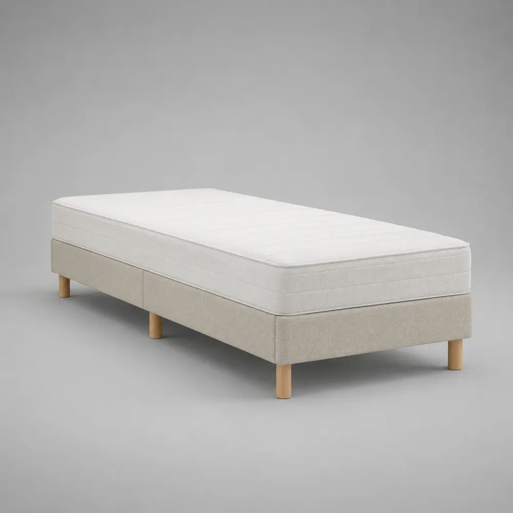 Boxspringbett Einzelbett 90 x 200 cm aus Holz und Stoff mit Taschenfederkernmatratze und Topper, Beige/Weiß/Natur