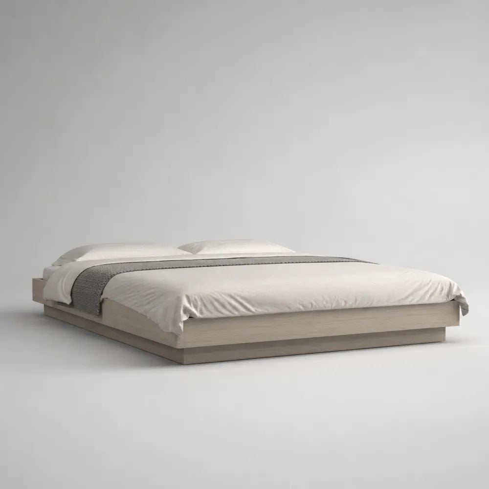 Doppelbett-Bettgestell 180 × 200 cm, Gesamtmaß 220 × 200 × 30 cm, aus MDF mit Eichenfurnier, Hellbeige