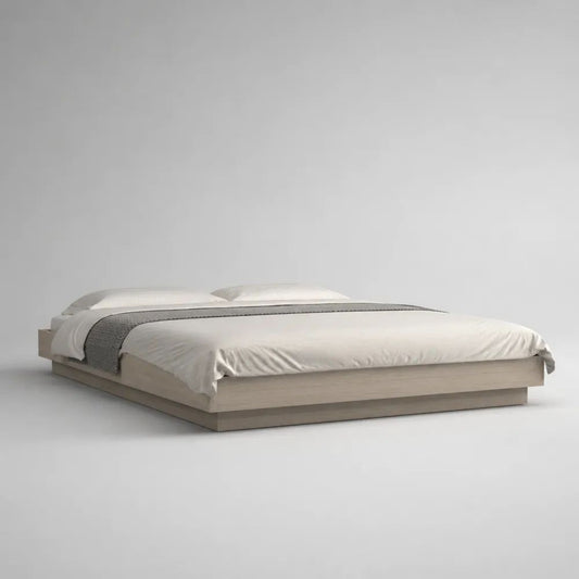 Doppelbett-Bettgestell 180 × 200 cm, Gesamtmaß 220 × 200 × 30 cm, aus MDF mit Eichenfurnier, Hellbeige