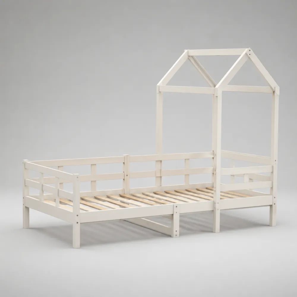 Kinder-Hausbett aus massivem Kiefernholz mit Rausfallschutz und Lattenrost, Weiß, Liegefläche 90 × 200 cm, Gesamtmaß 208 × 98 × 170 cm