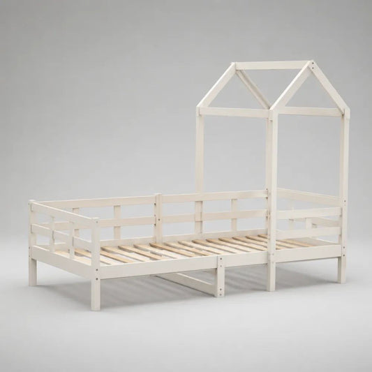 Kinder-Hausbett aus massivem Kiefernholz mit Rausfallschutz und Lattenrost, Weiß, Liegefläche 90 × 200 cm, Gesamtmaß 208 × 98 × 170 cm