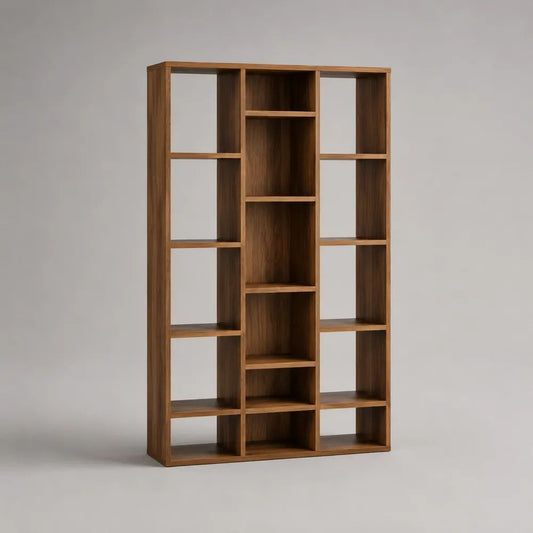 Bücherregal, Standregal aus MDF mit Walnussfurnier, 16 offene Fächer, Walnussbraun, 120 × 30 × 200 cm