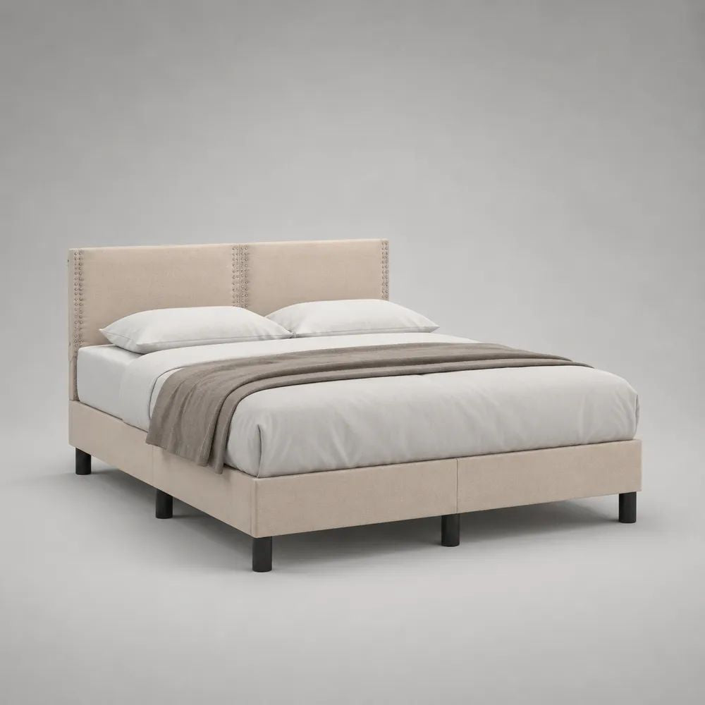 Polsterbett mit Lattenrost und rechteckigem Kopfteil, Polyester, Beige/Schwarz, Liegefläche 160 × 200 cm
