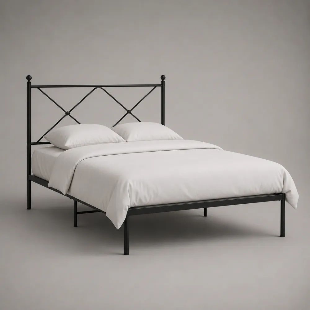 Metallbett mit geometrischem Kopfteil, Stahl-Bettgestell, Schwarz, Liegefläche 140 × 200 cm