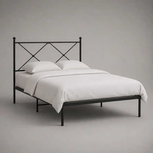 Metallbett mit geometrischem Kopfteil, Stahl-Bettgestell, Schwarz, Liegefläche 140 × 200 cm