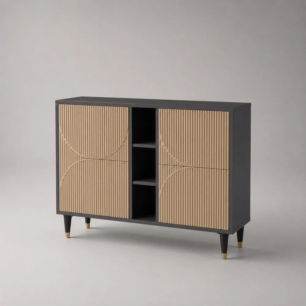 Sideboard mit 4 Türen und 3 offenen Fächern, MDF-Fronten mit Rillenstruktur, Schwarz/Goldfarben, 120 × 40 × 90 cm