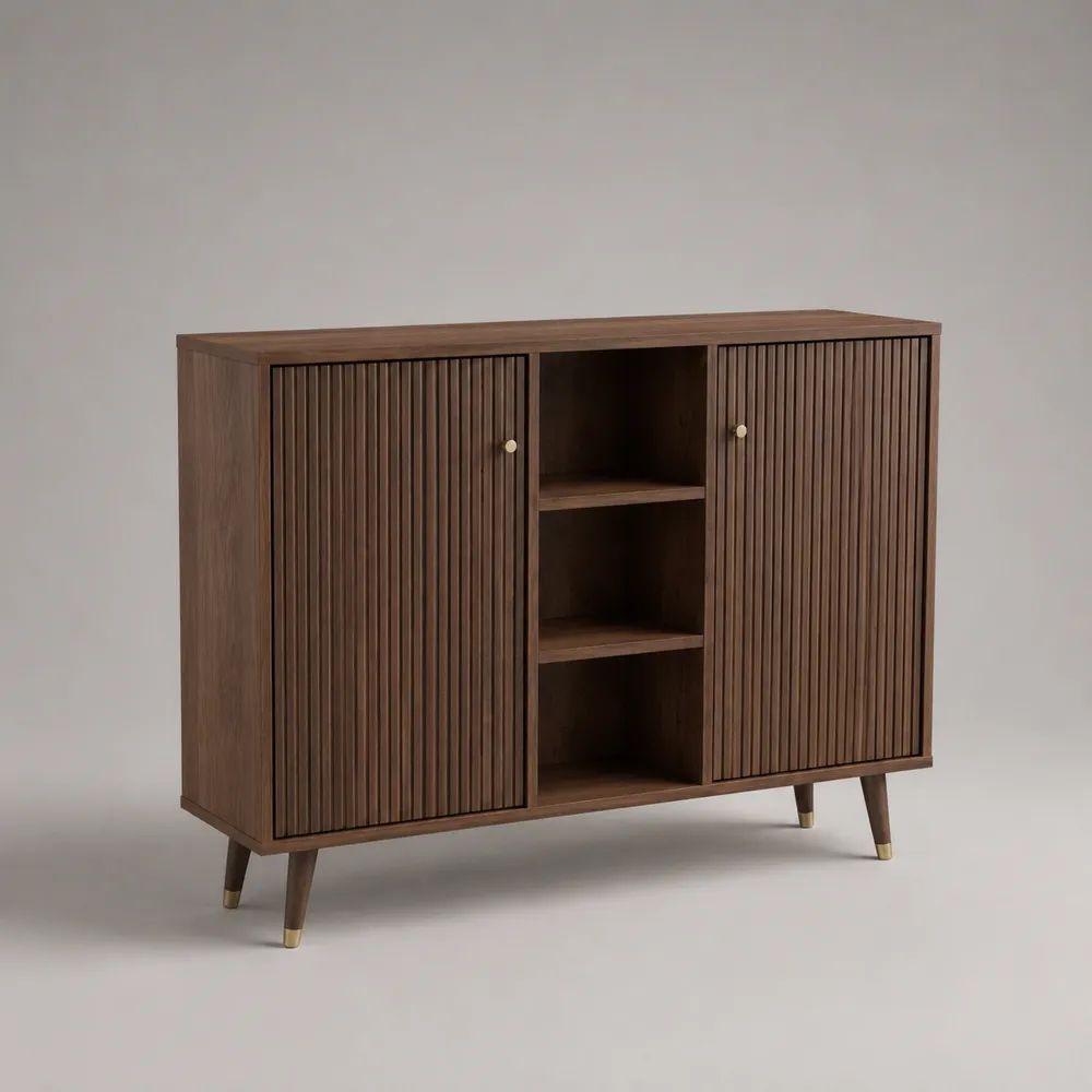 Sideboard mit 2 Türen und 3 offenen Fächern aus MDF mit Walnussfurnier und Kautschukholzbeinen, Dunkelbraun, 120 × 40 × 100 cm