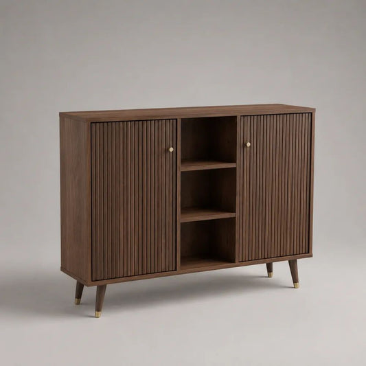 Sideboard mit 2 Türen und 3 offenen Fächern aus MDF mit Walnussfurnier und Kautschukholzbeinen, Dunkelbraun, 120 × 40 × 100 cm
