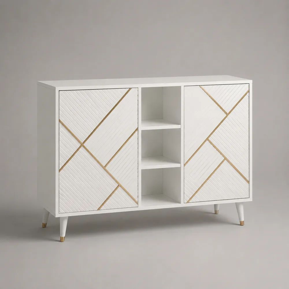 Sideboard aus MDF mit 2 Türen und 3 offenen Fächern, Weiß/Goldfarben, 120 × 40 × 90 cm