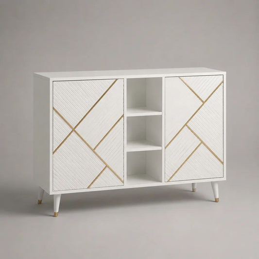 Sideboard aus MDF mit 2 Türen und 3 offenen Fächern, Weiß/Goldfarben, 120 × 40 × 90 cm
