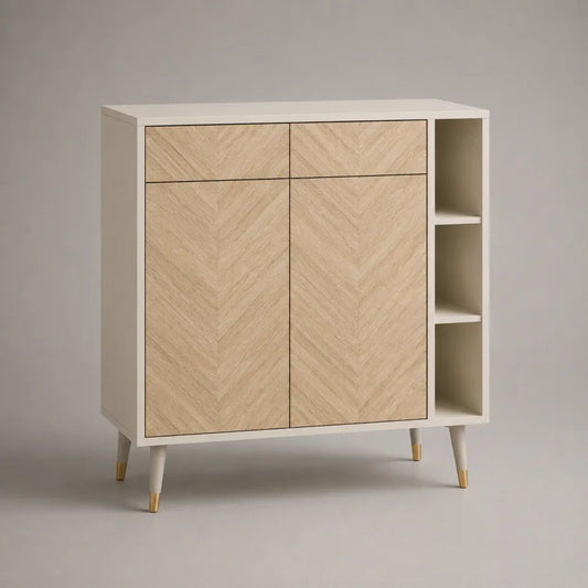 Sideboard aus MDF und Holz mit 2 Schubladen, 2 Türen und 3 offenen Fächern, Weiß/Natur, 100 × 40 × 110 cm