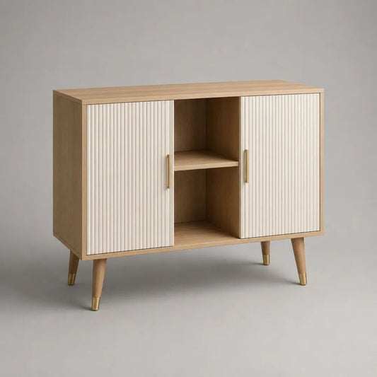 Sideboard aus Holz und MDF mit 2 Türen und 2 offenen Fächern, Natur/Weiß/Goldfarben, 100 x 40 x 90 cm