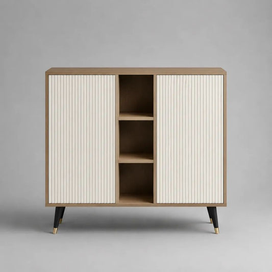 Sideboard aus MDF und Spanplatte mit 2 Türen und 3 offenen Fächern, Eichefarben/Weiß/Schwarz/Goldfarben, 140 × 40 × 120 cm