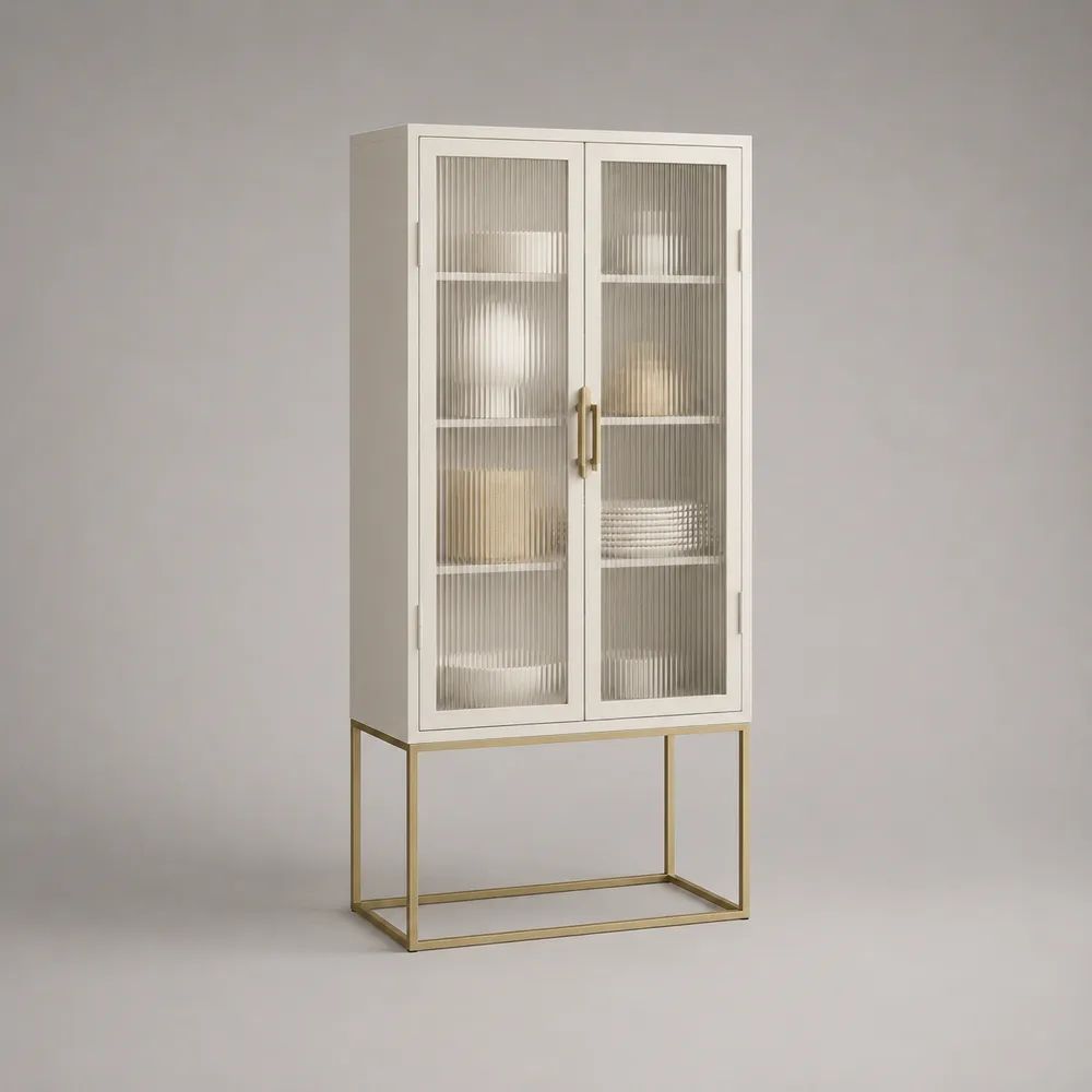 Geschirr- und Vitrinenschrank aus Stahl und Glas, Weiß/Goldfarben, 80 × 40 × 170 cm