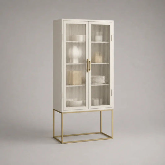 Geschirr- und Vitrinenschrank aus Stahl und Glas, Weiß/Goldfarben, 80 × 40 × 170 cm