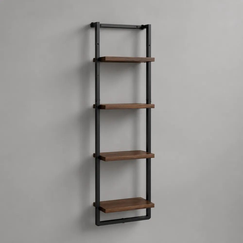 Wandregal mit 4 Ablagen aus Stahl und MDF, Nussbaumfarben/Schwarz, 50 × 20 × 150 cm