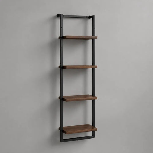Wandregal mit 4 Ablagen aus Stahl und MDF, Nussbaumfarben/Schwarz, 50 × 20 × 150 cm
