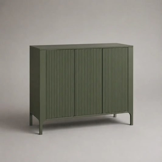 Rechteckiges Sideboard aus Stahl mit 3 gerillten Türen, Olivgrün, 110 × 40 × 85 cm