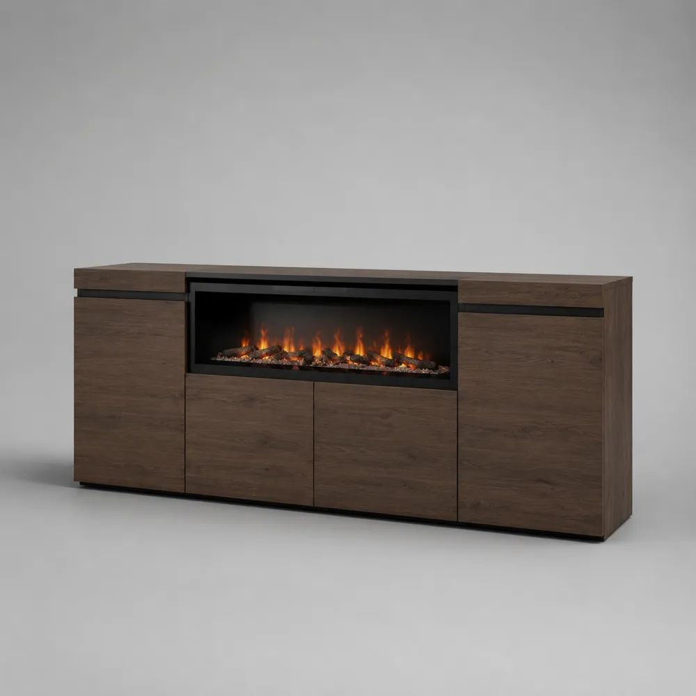 Sideboard mit Elektrokamin aus Spanplatte, Walnussbraun/Schwarz, 180 × 40 × 80 cm