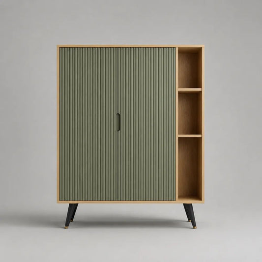Rechteckiges Highboard mit 2 Türen und 3 offenen Fächern aus MDF mit Eichenfurnier, Natur/Salbeigrün, 100 × 40 × 125 cm