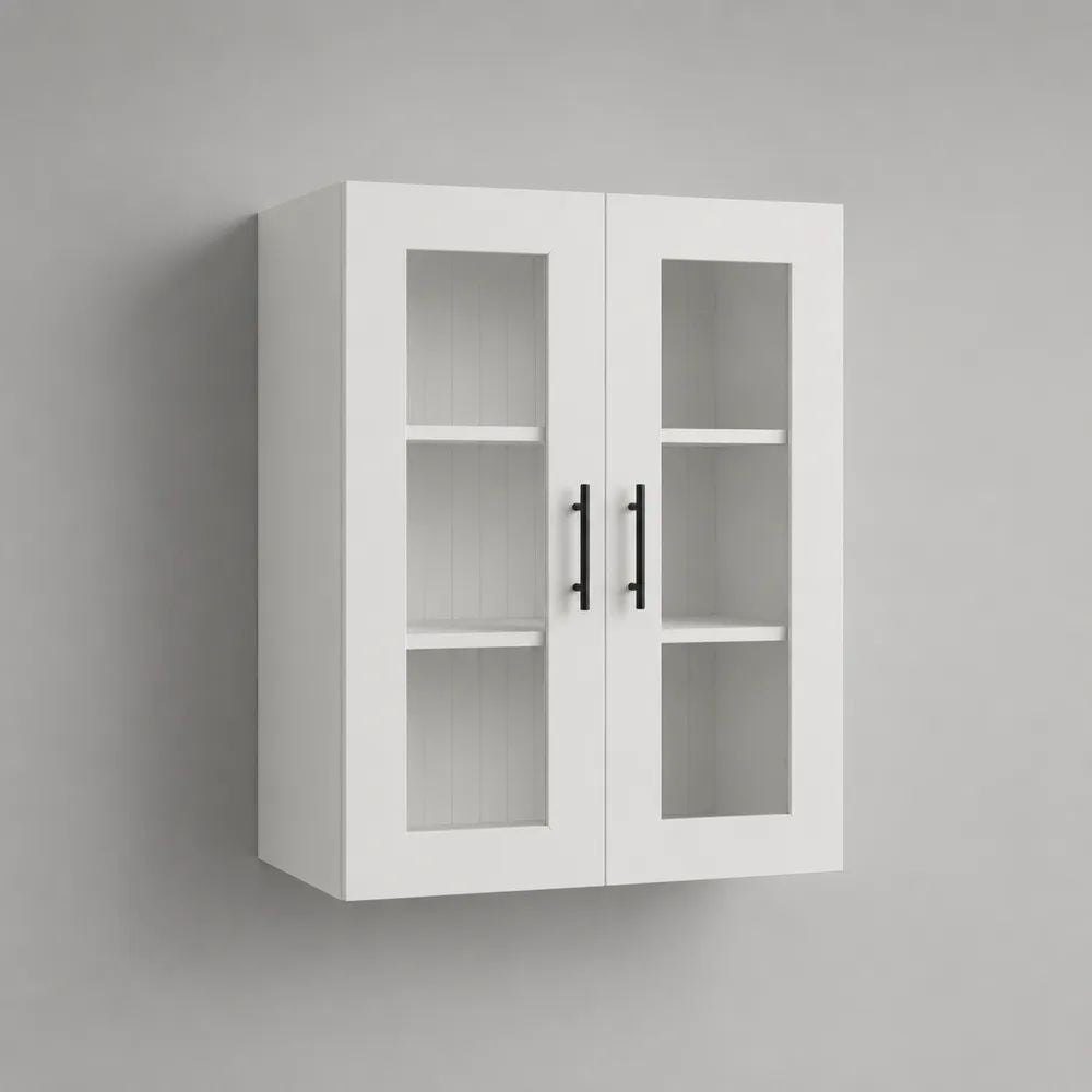 Hängeschrank aus MDF und Sicherheitsglas mit 2 Türen und 3 Fächern, Weiß, 60 × 20 × 80 cm