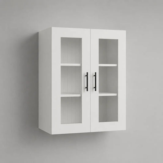 Hängeschrank aus MDF und Sicherheitsglas mit 2 Türen und 3 Fächern, Weiß, 60 × 20 × 80 cm