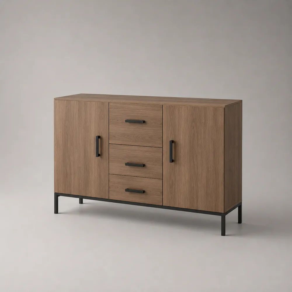 Sideboard aus Holzwerkstoff und Metall mit 2 Türen und 3 Schubladen, Eichefarben/Schwarz, 120 × 40 × 80 cm