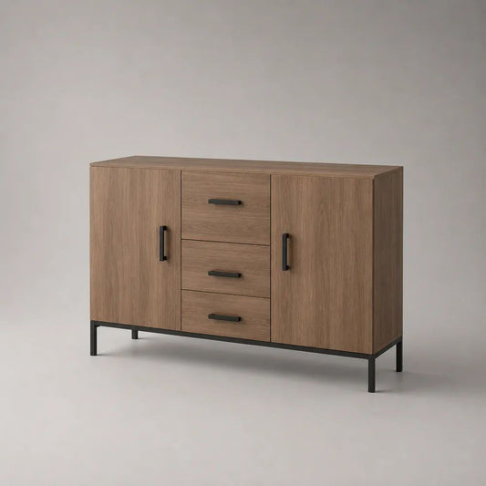 Sideboard aus Holzwerkstoff und Metall mit 2 Türen und 3 Schubladen, Eichefarben/Schwarz, 120 × 40 × 80 cm