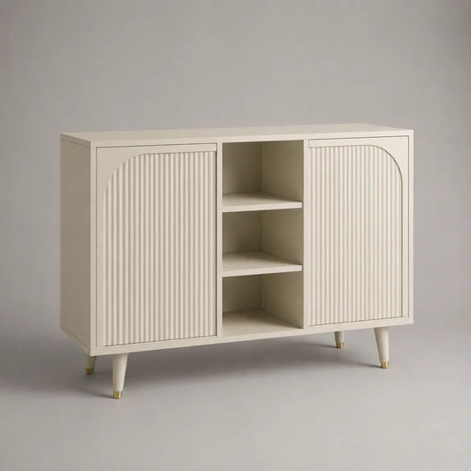 Sideboard aus MDF mit 2 Türen und 3 offenen Fächern, geriffelte Front, Cremeweiß, 120 × 40 × 90 cm