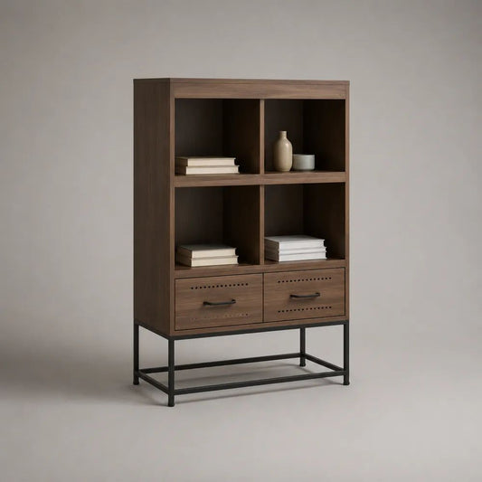 Highboard Sideboard aus Holz und Stahl mit 4 offenen Fächern und 2 Schubladen, Braun/Schwarz, 90 × 40 × 150 cm