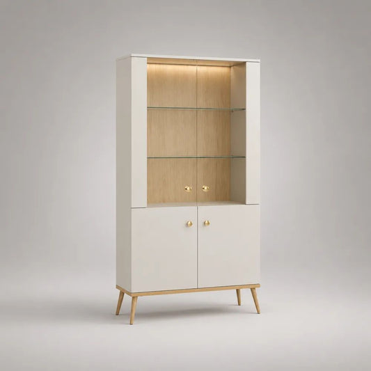LED-Vitrinenschrank mit 4 Türen und 2 Glasböden, Spanplatte und Glas, Weiß/Eichefarben/Goldfarben, 90 × 40 × 180 cm