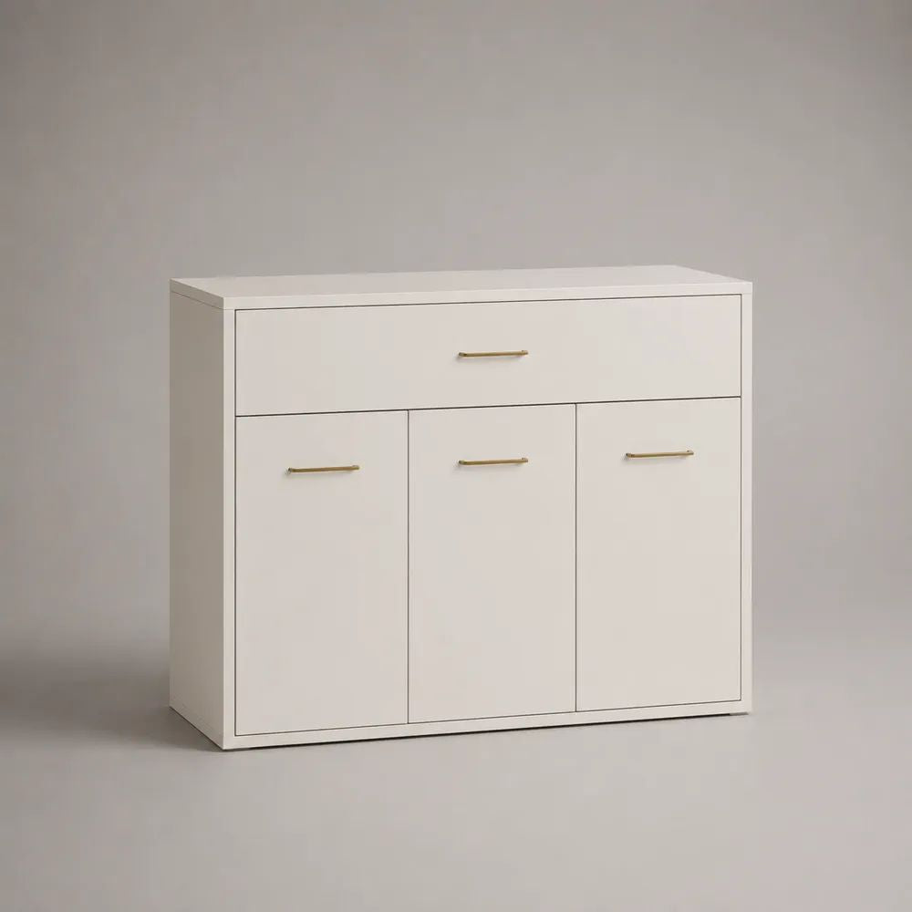 Sideboard mit 3 Türen und Schublade aus melaminbeschichteter Spanplatte, Weiß/Goldfarben, 100 × 35 × 85 cm