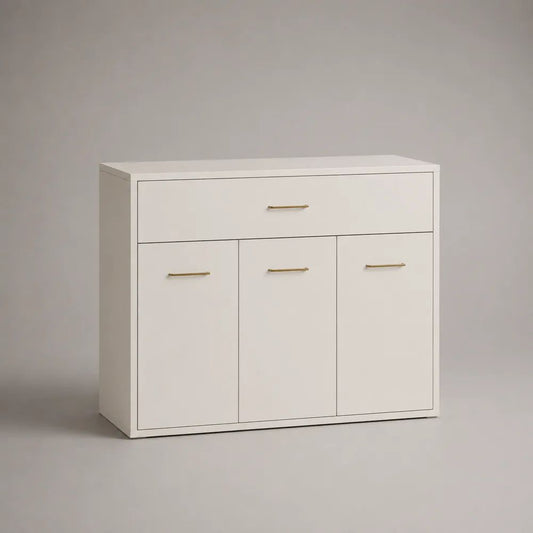 Sideboard mit 3 Türen und Schublade aus melaminbeschichteter Spanplatte, Weiß/Goldfarben, 100 × 35 × 85 cm
