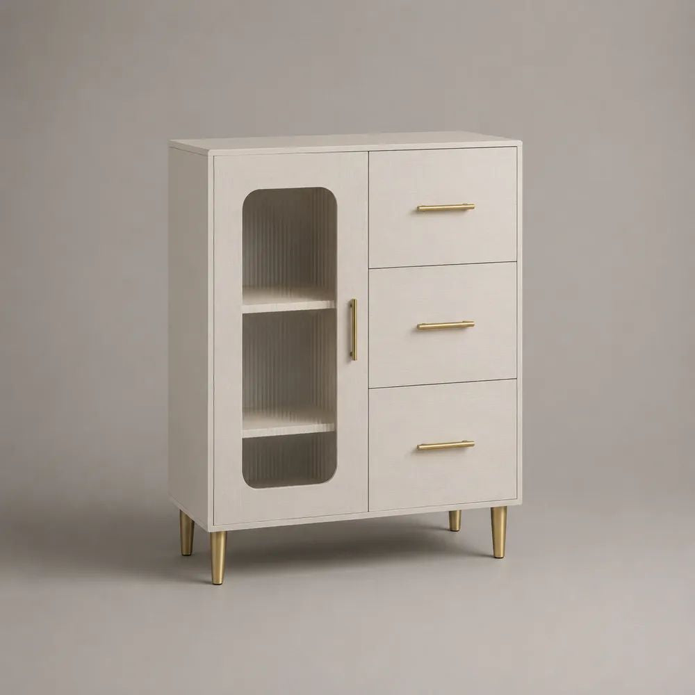 Sideboard mit Glastür und 3 Schubladen aus MDF und Riffelglas, Cremeweiß/Goldfarben/Grau, 80 × 40 × 110 cm