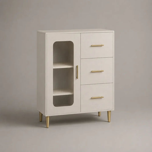 Sideboard mit Glastür und 3 Schubladen aus MDF und Riffelglas, Cremeweiß/Goldfarben/Grau, 80 × 40 × 110 cm