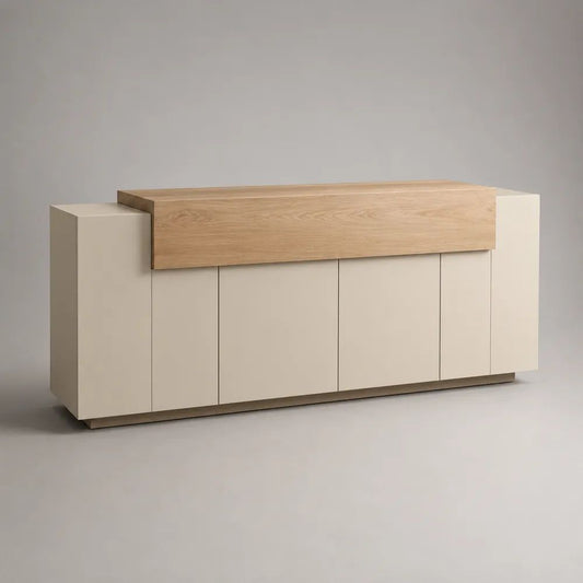 Rechteckiges Sideboard mit 4 Türen aus MDF und Eichenfurnier, Beige/Natur, 180 × 42 × 85 cm