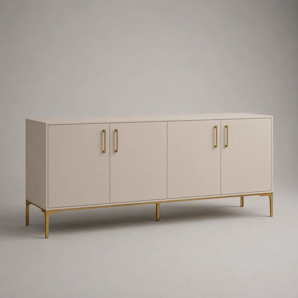 Rechteckiges Sideboard mit 4 Türen aus MDF und Stahl, Cremeweiß/Gold, 160 × 40 × 80 cm